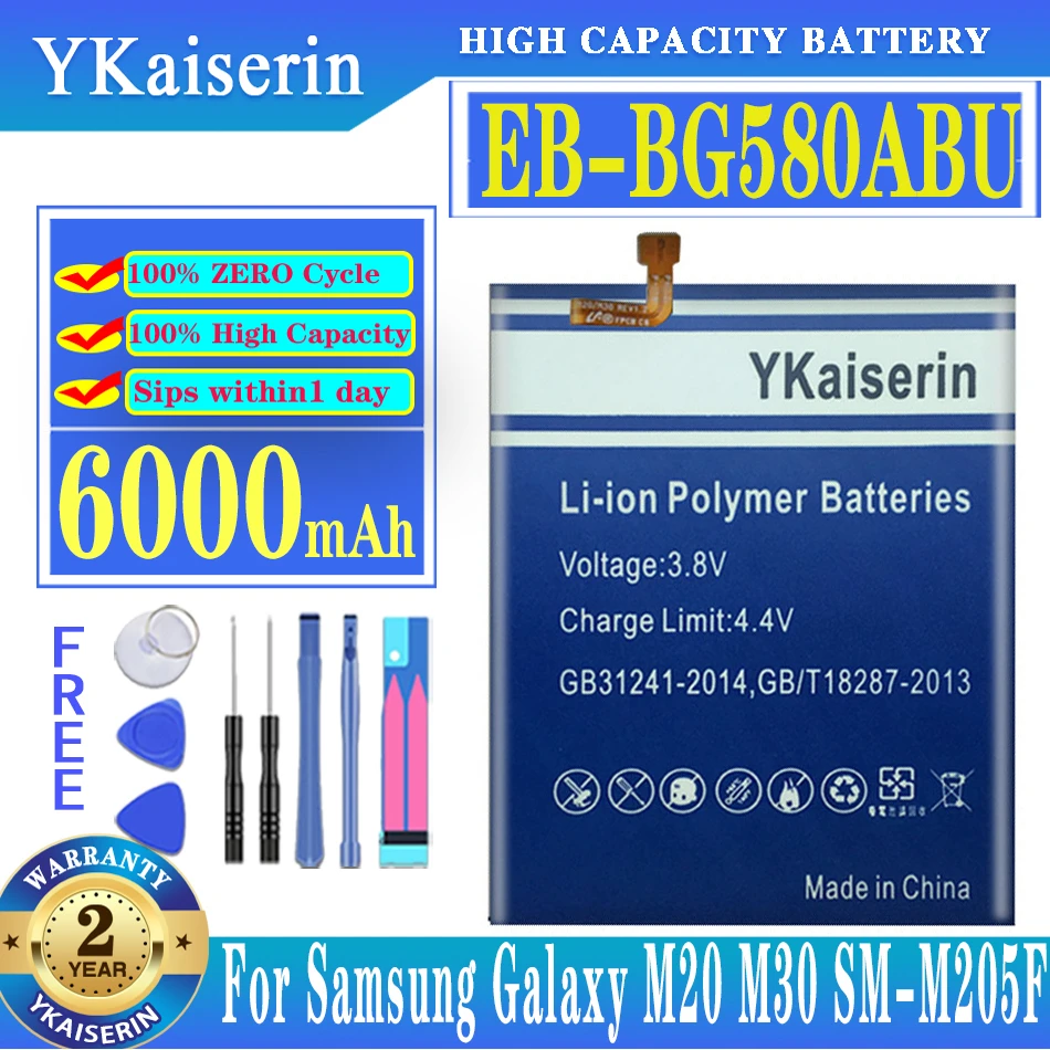 

Ykaisсеребрин для Samsung EB-BG580ABU аккумулятор для Samsung Galaxy M20 M30 SM-M205F оригинальная сменная батарея для телефона 6000 мАч