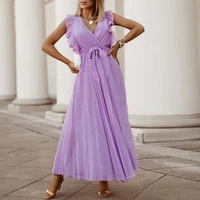 elegant ruffle sleeveless long dress women summer solid color pleated v neck chiffon maxi dress am4095