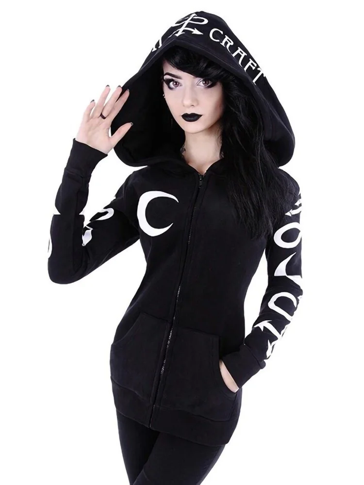 

Women Hoodies Gothic Punk Moon Letter Print Sweatshirts 2023 Autumn Winter Long Sleeve Black Jacket Zipper Coat Casual Hoody 5XL
