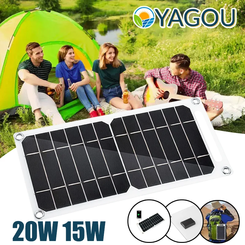 

5V Solar Panel 20W 15W Waterproof Flexible USB Port Outdoor Camping Portable Sunlight Cell Charging Power Bank Backup Recharge