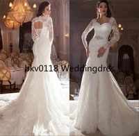 sexy lace applique sweetheart beaded sash ivory mermaid open back bridal dresses chapel train fashion long sleeve wedding gowns