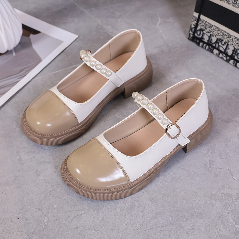 

2023 Summer New Round Toe Colored Pearl Buckle Leather Surface with Shallow Mouth Comfortable High Heel Single Shoe for Women