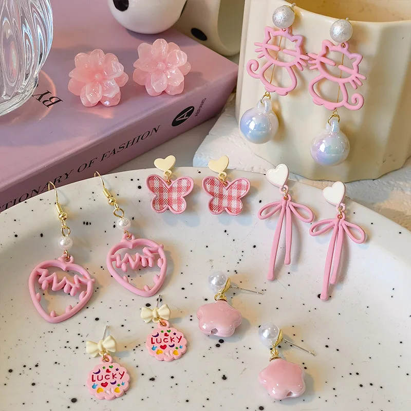 

1 Pair Macaron Color Pink Sweet Cool Spice Girl Love retro design temperament Party Earrings Bake paint cute girly earrings