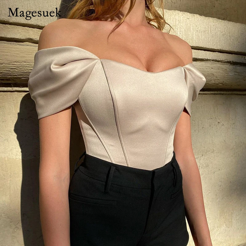 

Summer 2022 Women's Slash Neck Tops Women Solid Puff Sleeve Satin Blouse Women's Sexy Off Shoulder Short Sleeve Shirt 19466