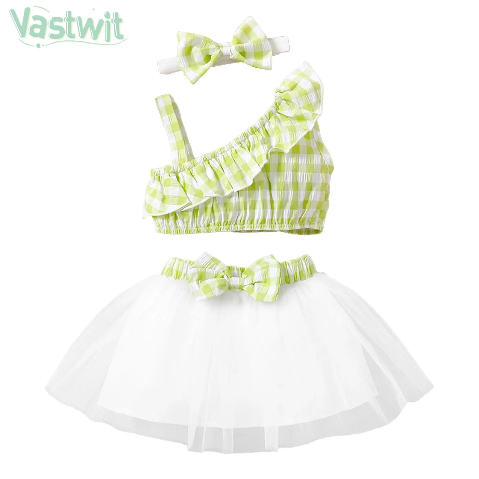 

Little Girls Sleeveless Crop Top with Tutu Mesh Skirt and Headband Set Summer Cute Clothing for Baptism Birthday Photo Shoot