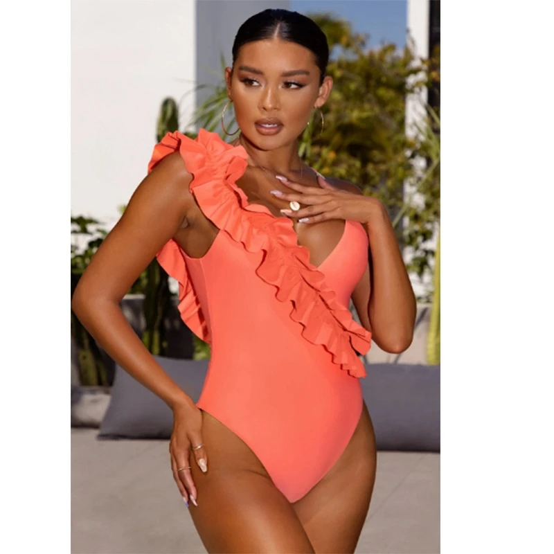 

2022 Sexy One Shoulder Ruffle One Piece Swimsuit Nylon Swimwear Women Solid Beach High Cut Bathing Suit Girls Swimming Suit