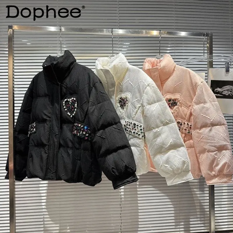 

2022 Winter New Arrival Turtleneck Colorful Embroidered Beadings Warm White Duck Down Jacket Women