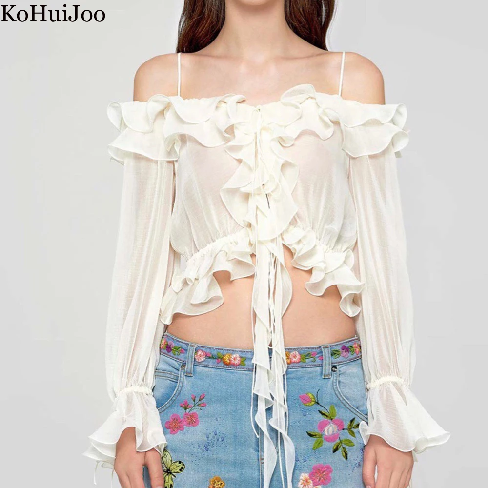 

Шифоновые рубашки с оборками в корейском стиле, женская элегантная милая шикарная длинная блузка с открытыми плечами, топы, женские блузы с коротким расклешенным рукавом