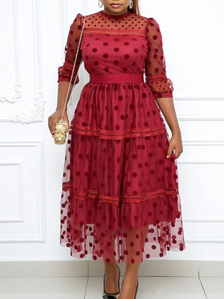 Элегантное праздвечерние чное платье в горошек красный наряд для дня рождения
