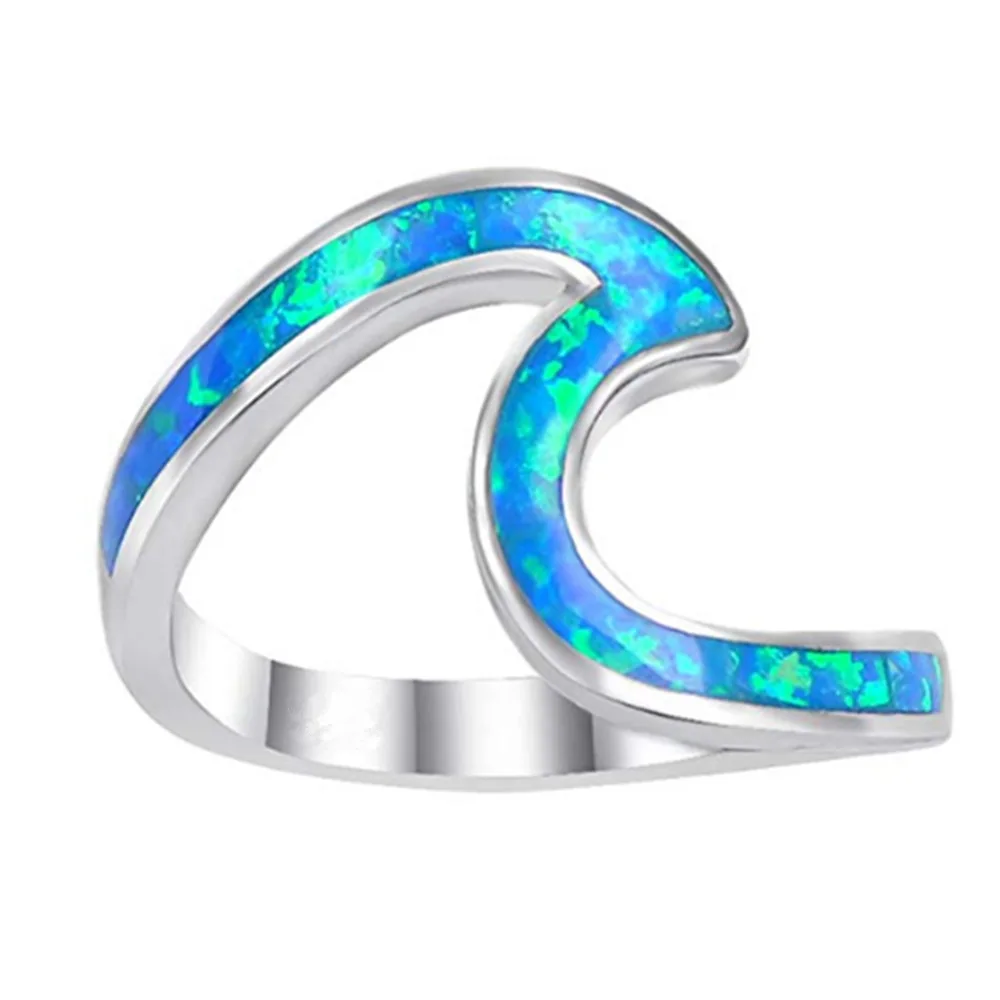 

Simple Geometric Blue/White/Green Zinc Alloy Wave Ring Women Wedding Party Romantic Exquisite Opal Decoration Ring Jewelry