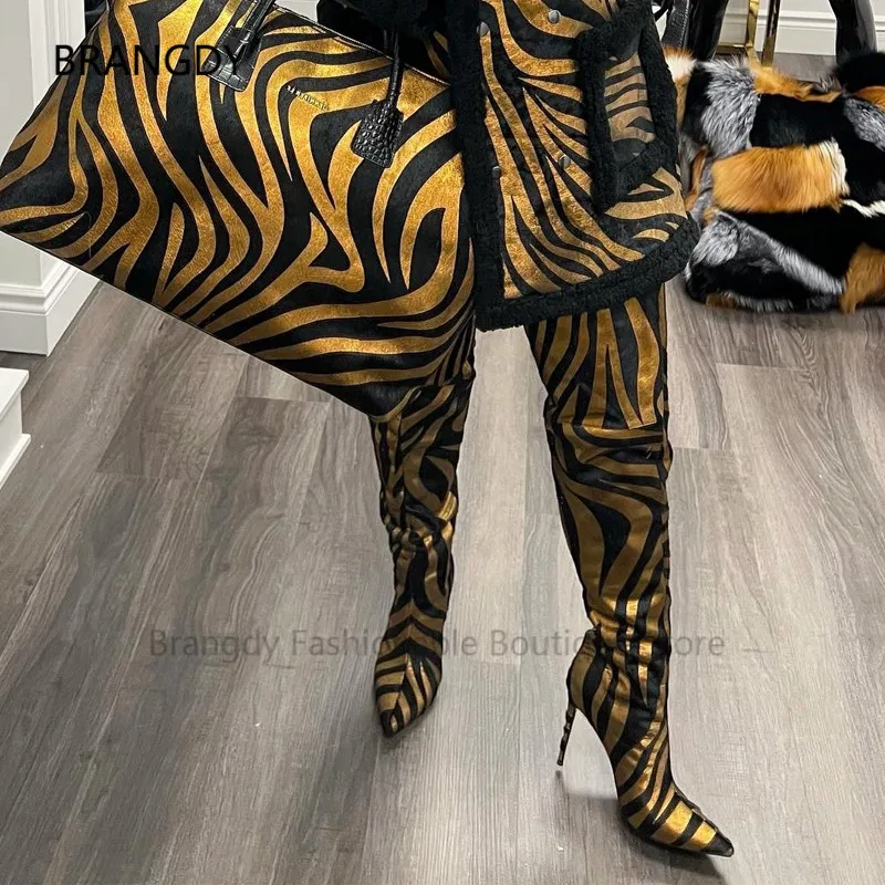 

2022 Rose Gold Thigh High Heels Boots Pointy-Toe Tiger Pattern Over Knee High Boots Women Runway Horse Hair Knight Ladies Boots