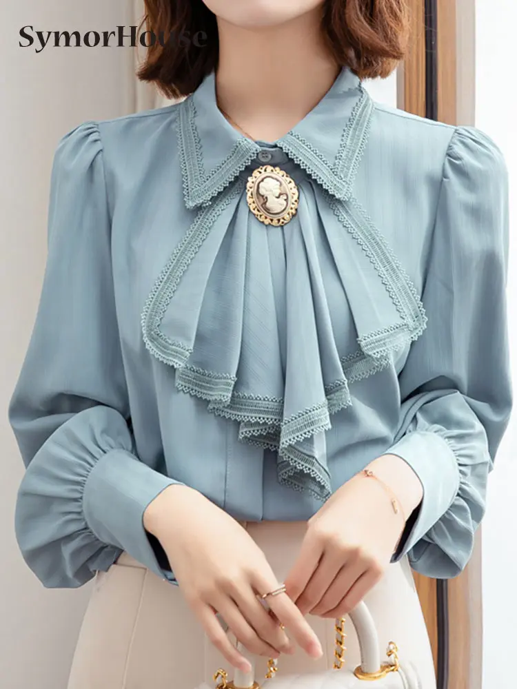 

Spring Summer Autumn Retro Blue Chiffon Blouse Women Simple Bowknot Workwear OL Tops Elegant Women Long Sleeve Shirt Clothing