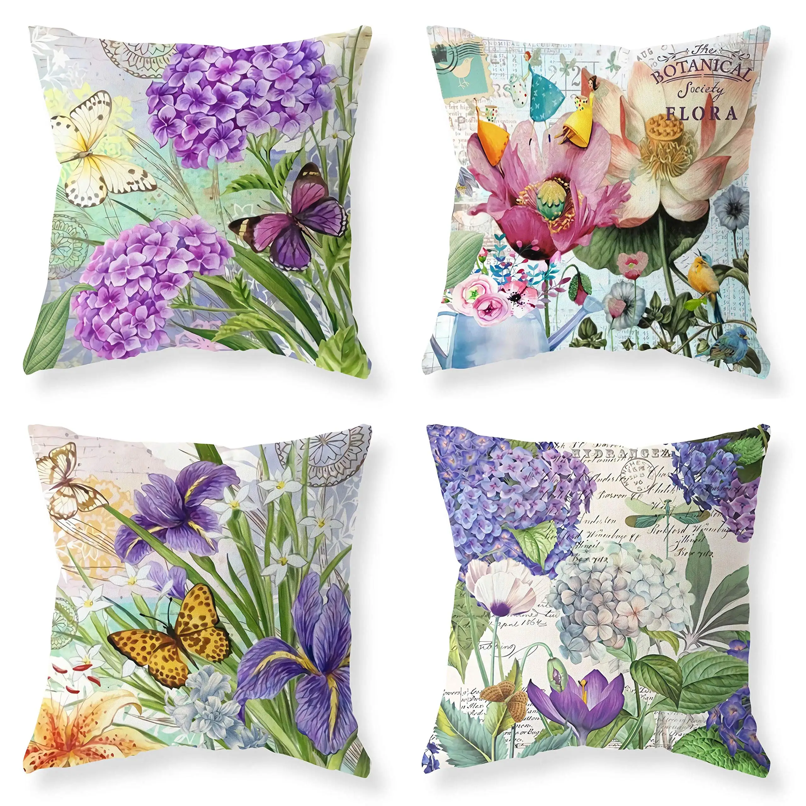 

Lavender, lotus, butterfly pattern linen pillowcase, living room sofa cushion cover, home decoration, plant pattern pillowcase