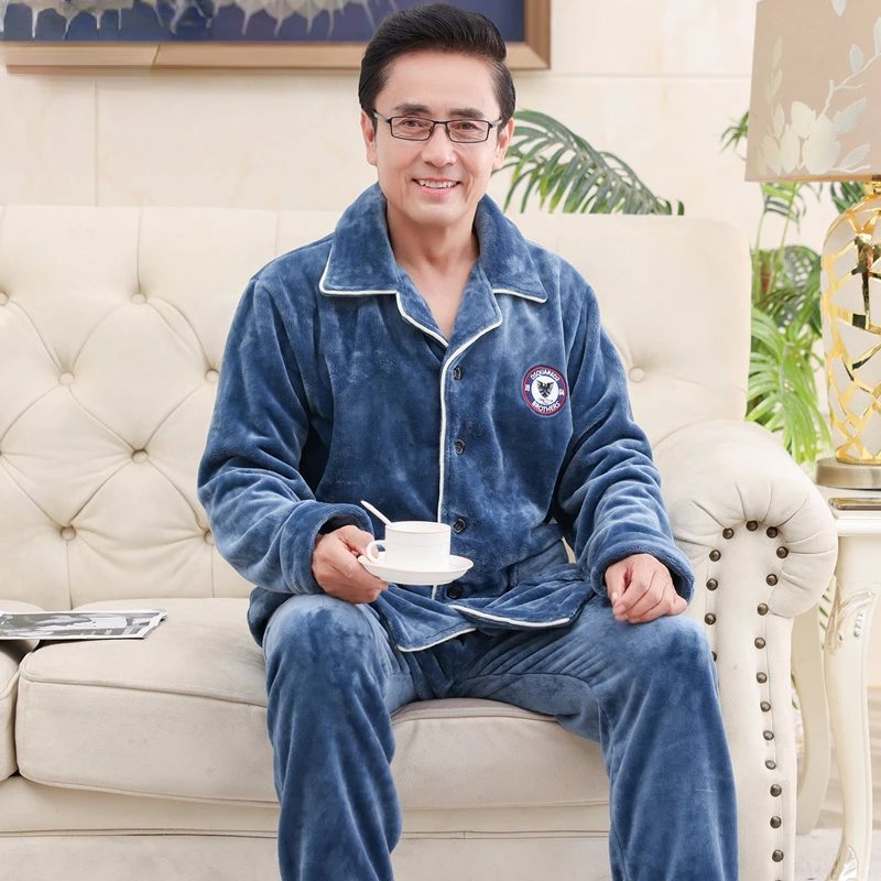 New Autumn Winter Luxury Male's Pajamas Thick Sleep Tops Nightwear Turn-down Collar Loungewear Soft Flannel Men's Sleepwear
