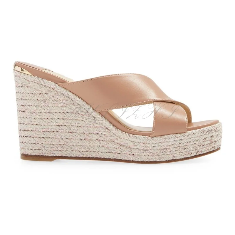 Brown Leather Wedge Espadarille Sandals Women Sexy Cross Design Pink Leather Concise Slippers Casual Heels Sole Platform Shoes