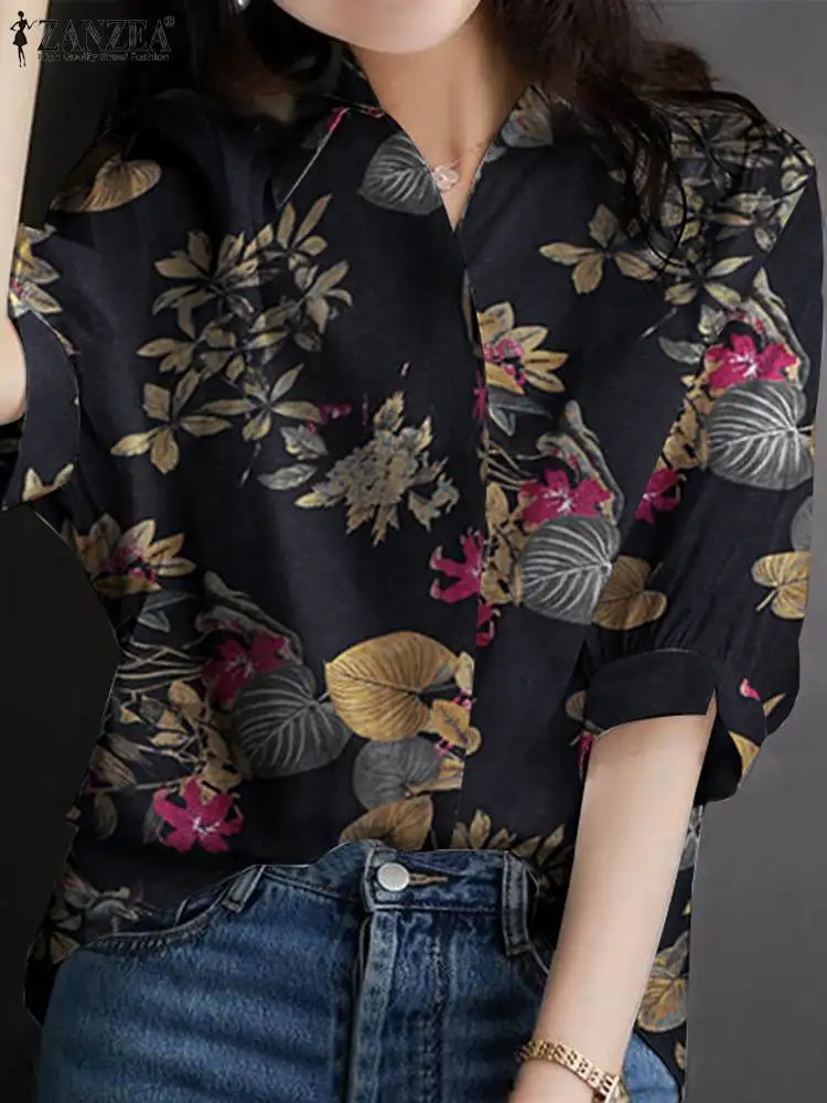 

ZANZEA Elegant Women Summer Flower Printing Blouse Puff Half Sleeve Lapel Button Shirt Bohemian Casual Loose Holiday Tops 2022