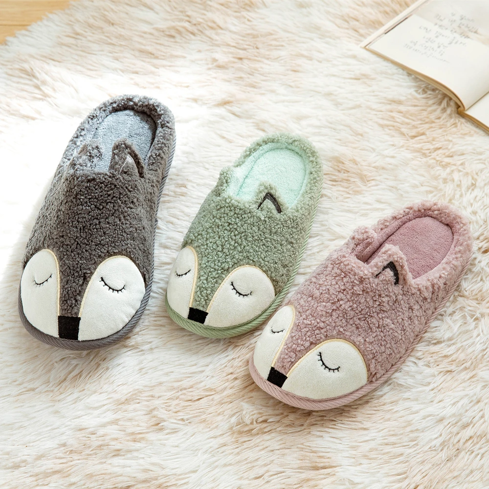 

Xfhh Winter House Women Fur Slippers Soft Memory Foam Sole Cute Cartoon Fox Bear Bedroom Ladies Fluffy Slippers Couples Plush