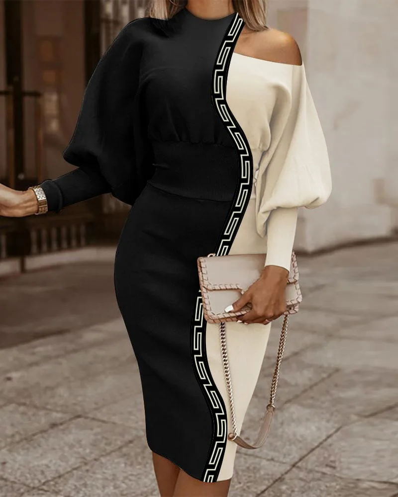 

Colorblock Geo Trim Cold Shoulder Lantern Sleeve Midi Dress Women Spring Summer O Neck Knee Length Long Dress Slim