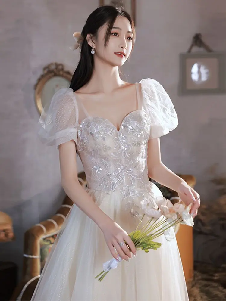 

Champagne Evening Dresses French Style Vinatge Square Collar Puff Sleeve Graduation Ceremony Dress A-Line Birthday Party Gowns