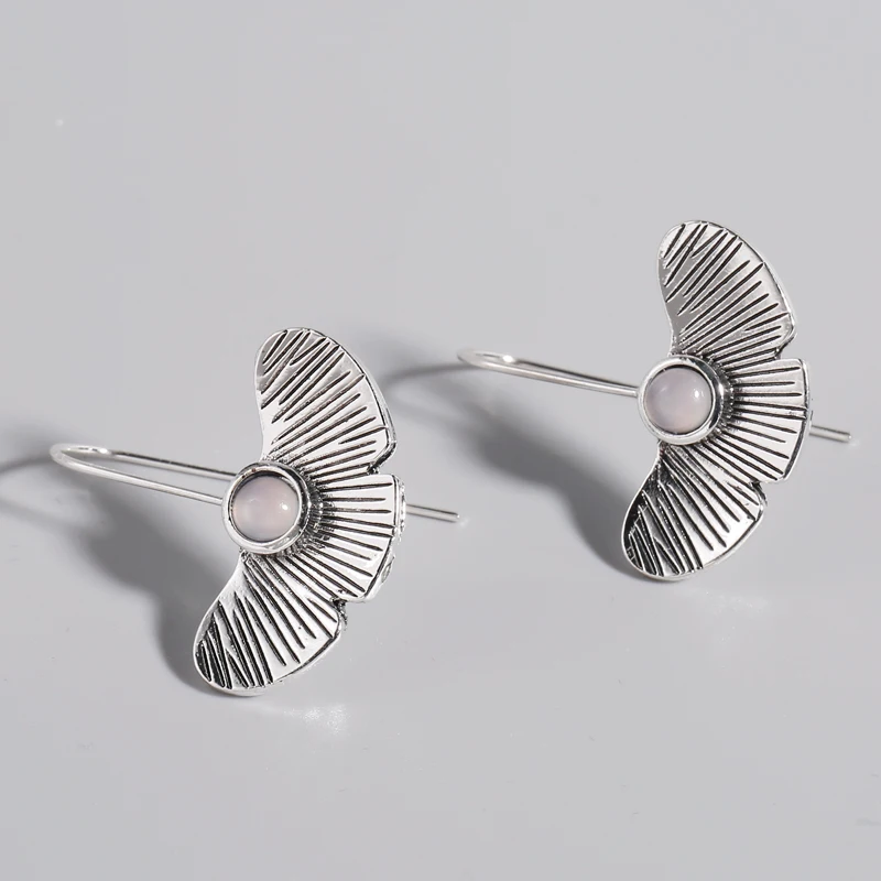 

Ethnic Silver Color Moonsstone Earrings For Women Tribal Jewelry Plant Ginkgo Leaf Hollow Drop Dangle Hook Earrings