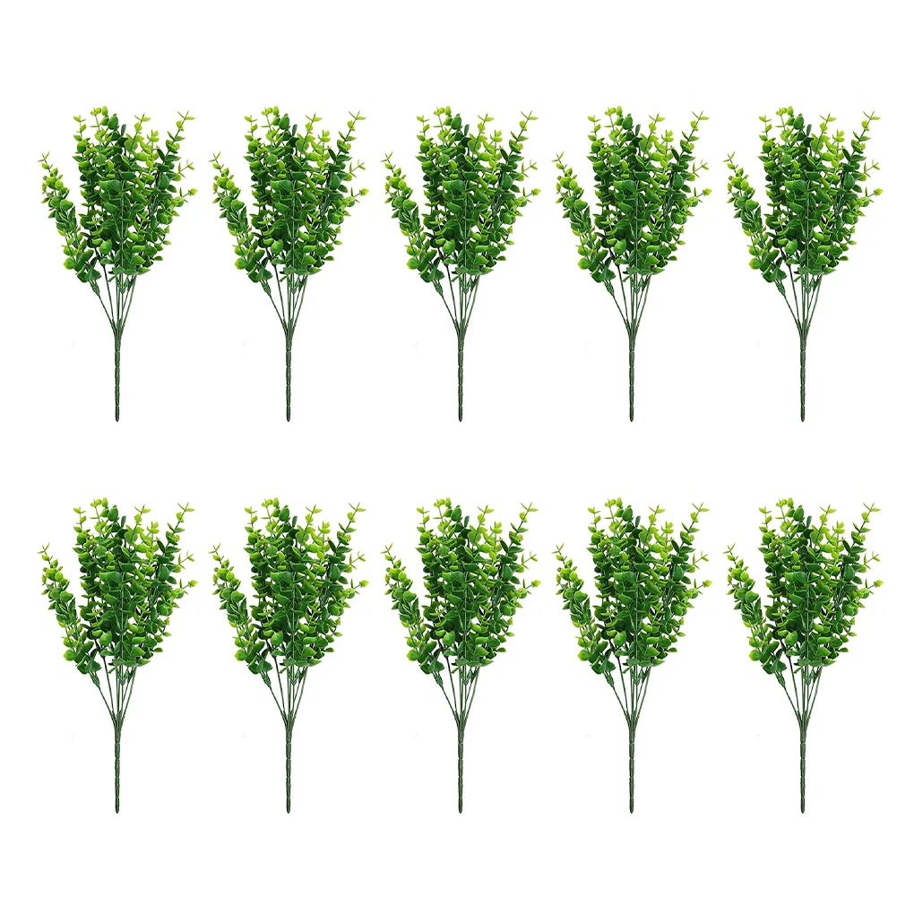 

10 Pieces Artificial Plants Bushes Realistic UV Resistant Plastic Shrubs Eucalyptus Leaves Bundles Office Decor