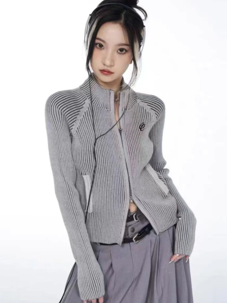 

Gray Cardigan Knitted Sweater Double End Zipper Jumper Vintage Y2k Streetwear Spring Autumn Embroidered Cardigans Women Clothing