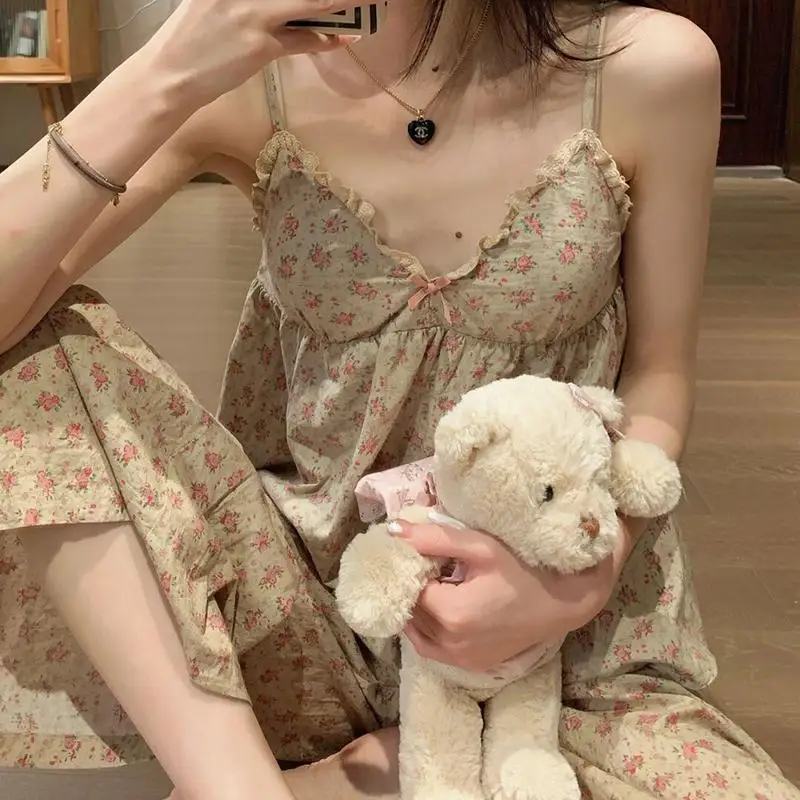 

Pajamas Floral Trouser Suits Pajamas Woman Summer Home Wear 2 Pieces Sleep Tops + Pants Long Sleeve Nightie Pijamas Nightgown