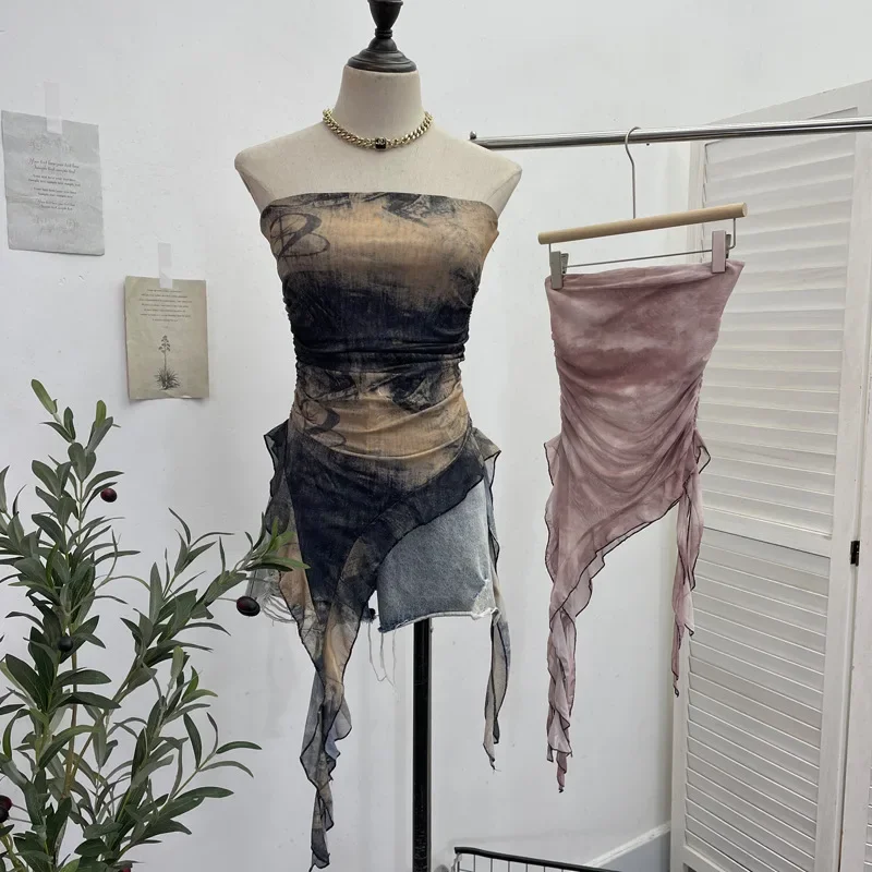 Женский сетчатый топ без рукавов с рюшами и лентой