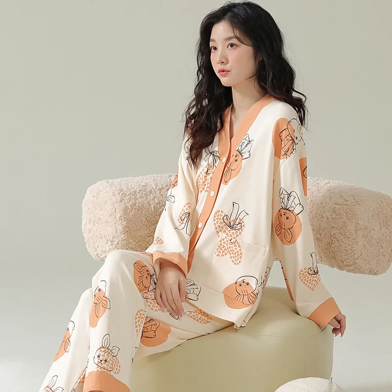 

Two Piece Set Women's Korean Style Pajamas Kawaii Clothes Printing Long Sleeve Button V-neck Top Trousers Pijamas for Women Pjs