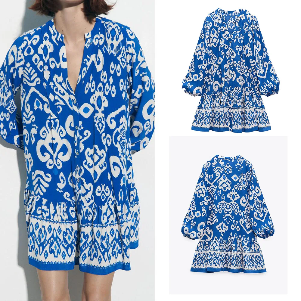 

New Women's Clothes Temperament Fashion Ruili Casual Hem Layered Decoration Front Breasted Closure Printed Mini Dress