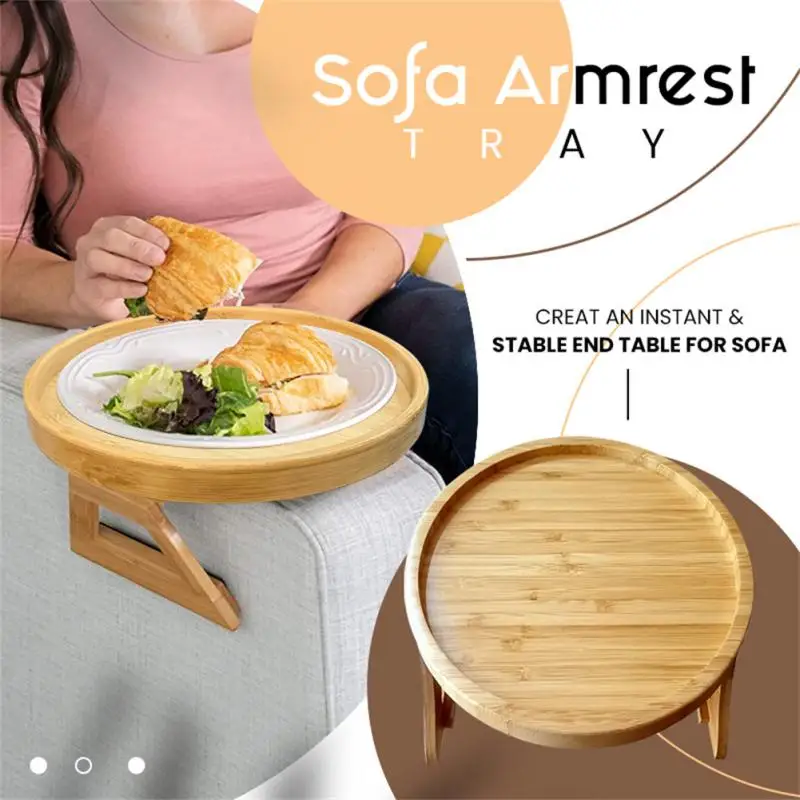 

Natural Bamboo Tea Holder Mug Holder Foldable Wooden Sofa Armrest Trays Home Appliance Clip-on Round Tray Storage