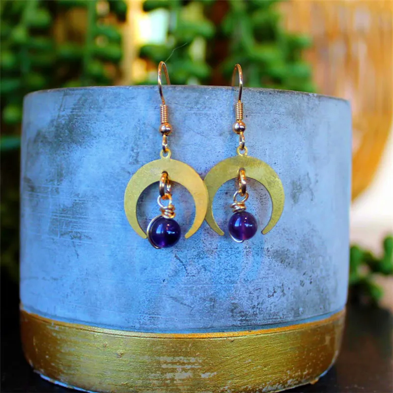 

New Hippie Tribal Crescent Earrings Brass Witch Jewelry Boho Birthday Magic Round Purple Crystal Women Fashion Gifts