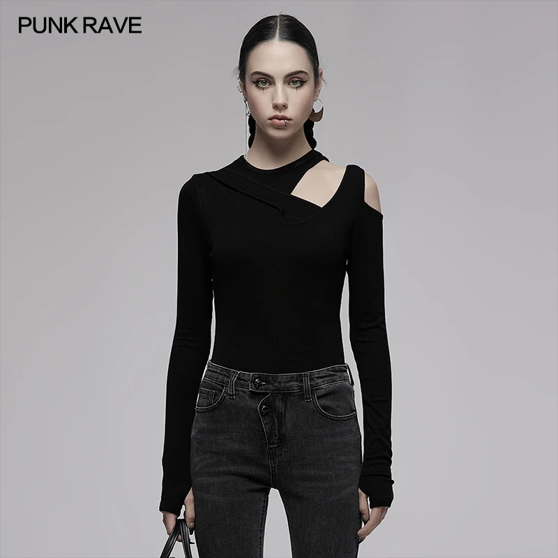 

PUNK RAVE Women's Gothic Daily Interspersed Structure Off Shoulder Asymmetrical Neckline T-shirt Sexy Black Knitted Tops