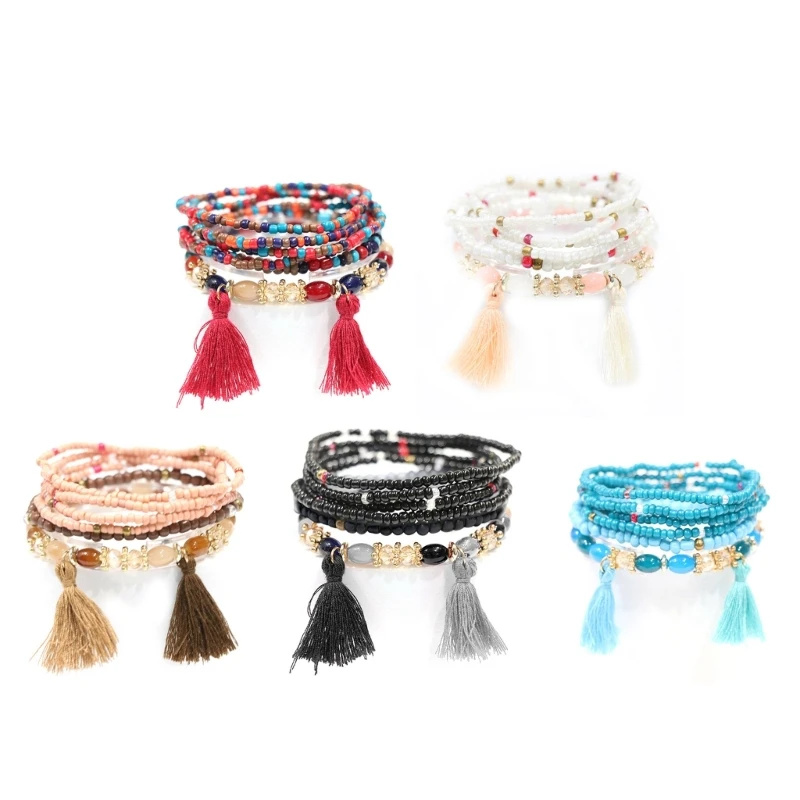 

41XF Multilayer Beads Bracelet Set For Women Bohemia Tassel Pendant Beaded Chain Bangle Boho Wristband Party Girls Jewelry