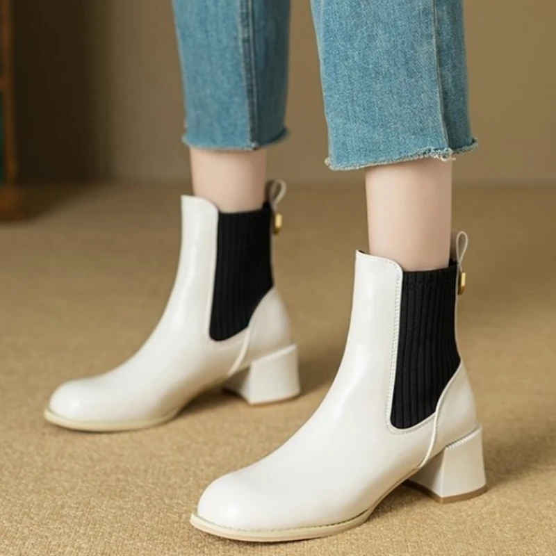 

New Solid Color Nude Boots Women Square Head Spring and Autumn New Slim Knitted High-heeled Slip-on Comfortable Women's Boots