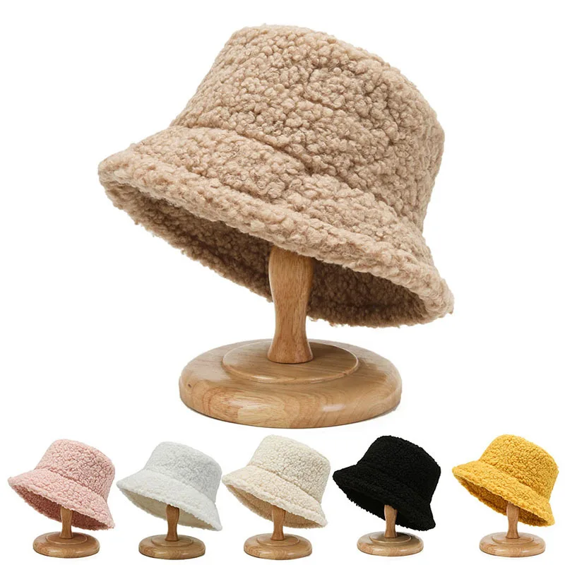 

2022 Unisex Harajuku Bucket Hat Graffiti Solid Women Men Fishing Fisherman Hat Autumn Winter Lamb Wool Outdoor Warm Panama Cap