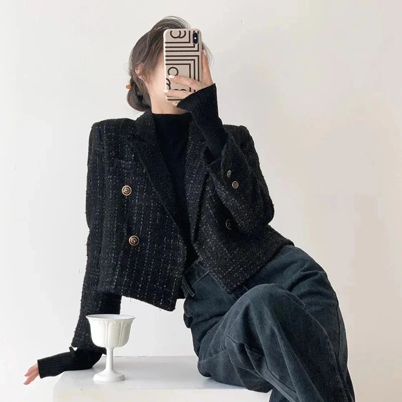 

Женский твидовый короткий пиджак, Черный винтажный укороченный пиджак в Корейском стиле, Повседневная Верхняя одежда в стиле ретро на осень и зиму