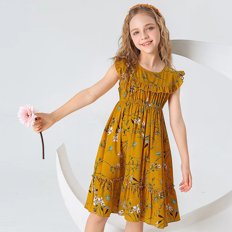 Платье для девочек HE Hello Enjoy летнее с цветочным принтом и расклешенными рукавами |