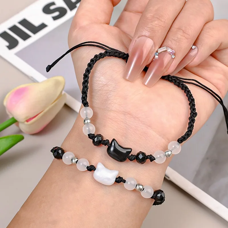 Корейский браслет ручной работы с милым черно-белым котом из натурального