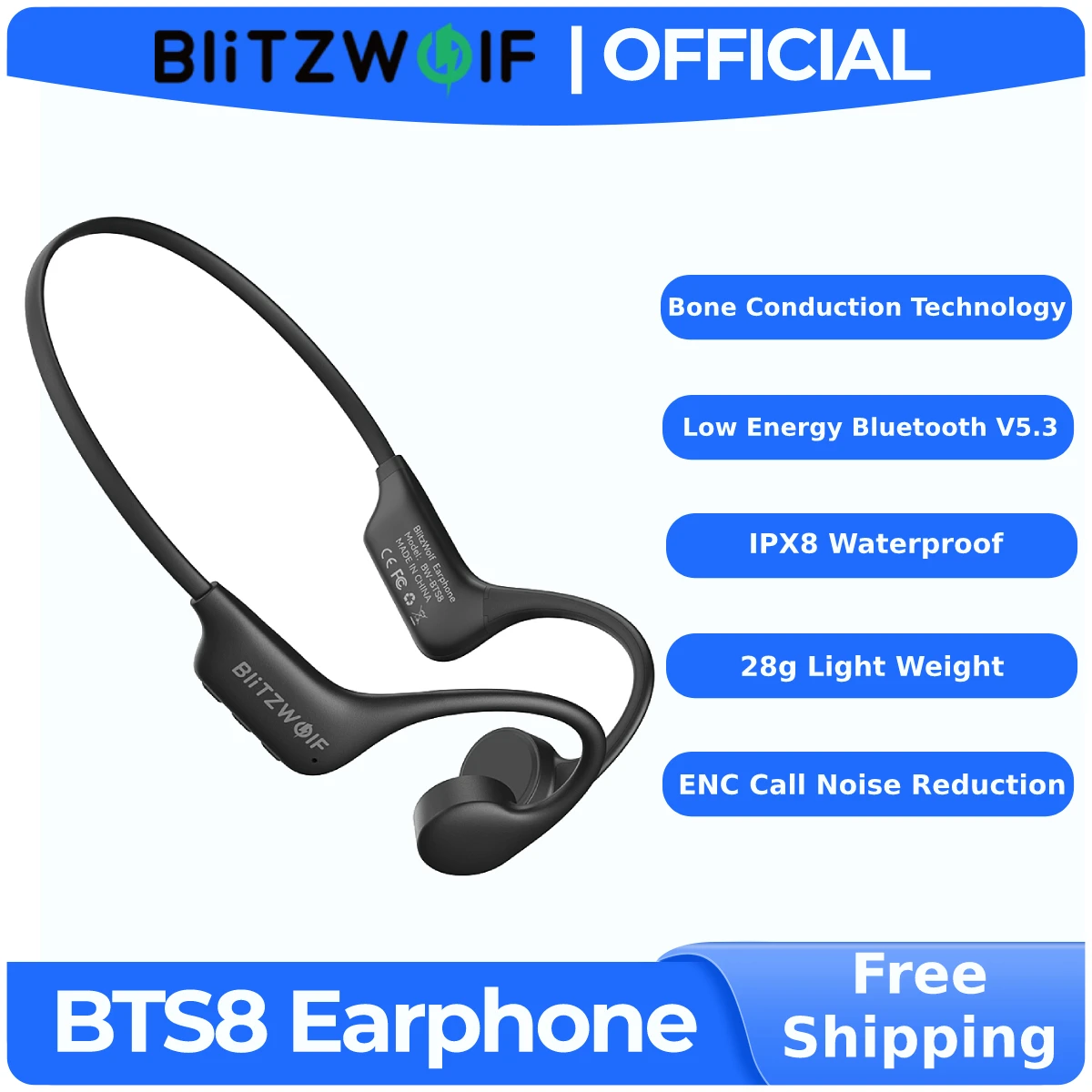 Наушники-вкладыши bluetooth BlitzWolf с костной проводимостью, встроенная память 32 ГБ, водонепроницаемость IPX8, спортивные наушники с низкой задержкой