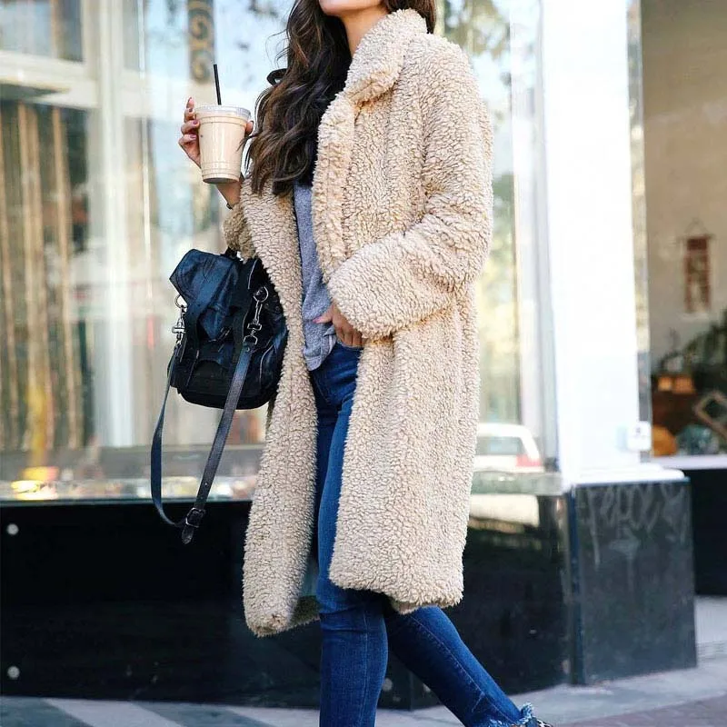 Winter Faux Fur Coat Ladies Solid Color Night Vision Collar Plush Thick Warm Wide Waist Long Teddy Jacket Casual Style Jacket