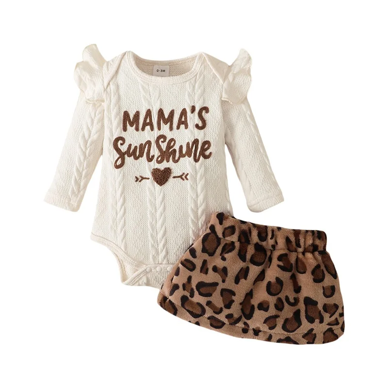 

2022-11-03 Lioraitiin 0-18M Infant Baby Girl 2Pcs Set Letter Print Fly Sleeve Crew Neck Knitting Romper Leopard Print Mini Skirt