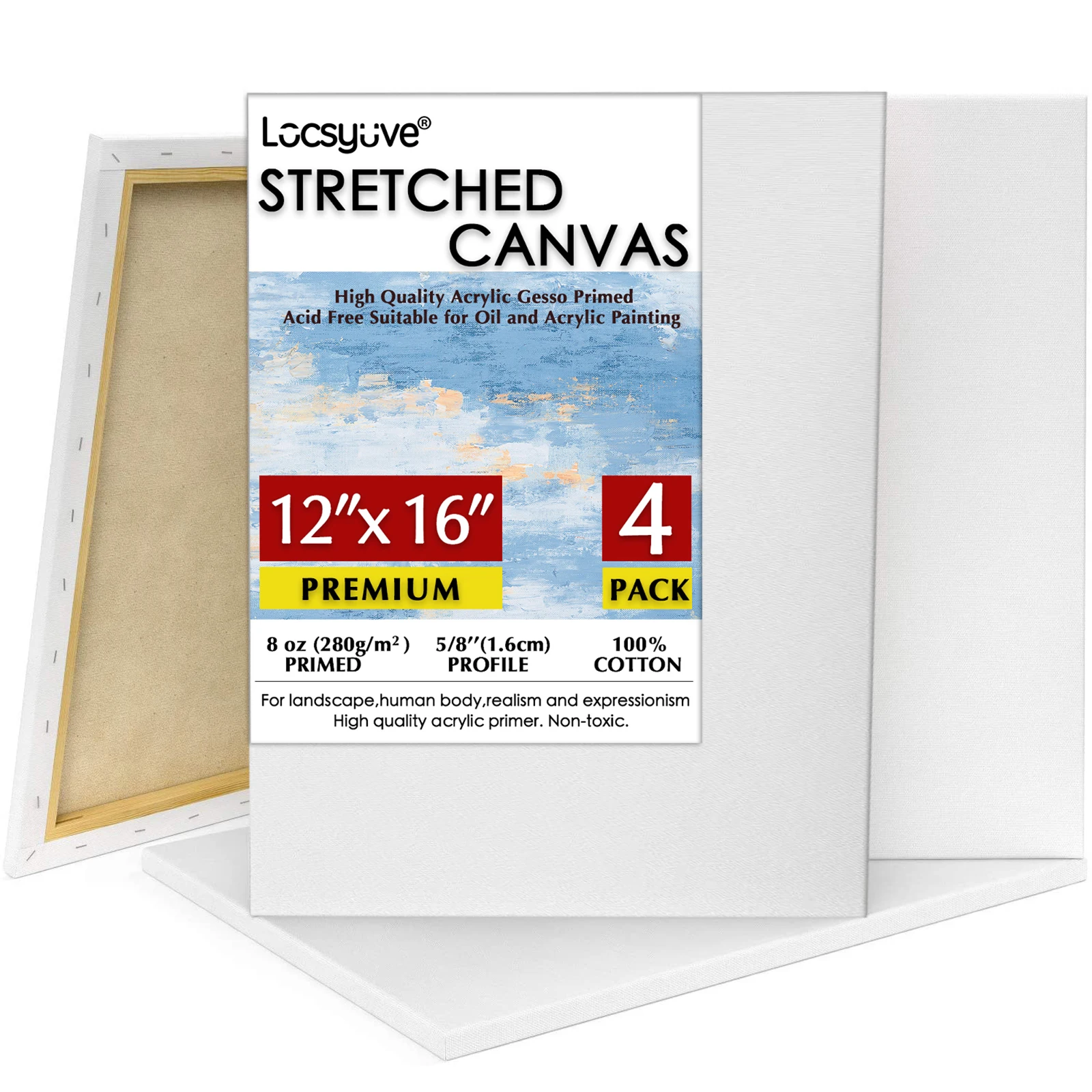 

Locsyuve Stretched Artist Canvas,12x16 inch,Pack of 4, Art Supplies for Acrylic, Oil, Mixed Wet Media, & Pouring, 100% Cotton