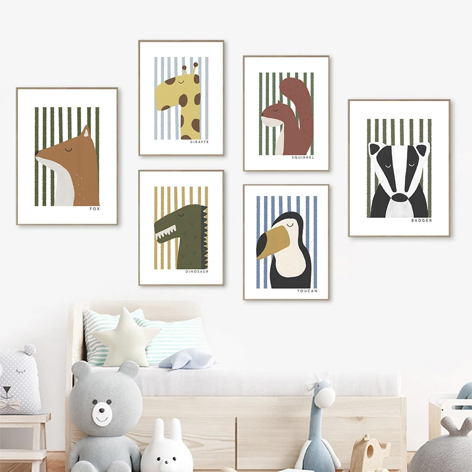 

Детская Настенная картина для детской комнаты, Мультяшные животные, плакаты, холст, живопись, лиса, жираф, фламинго, печатные картины для укр...