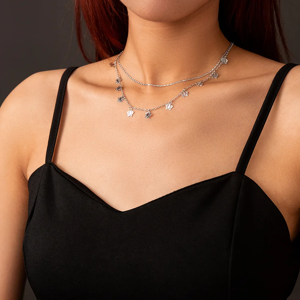 

Wholesale Retro Ornament Elegant Simple And Fashionable Silvers Fashion Classic Double-Layer Necklace Choker Chain