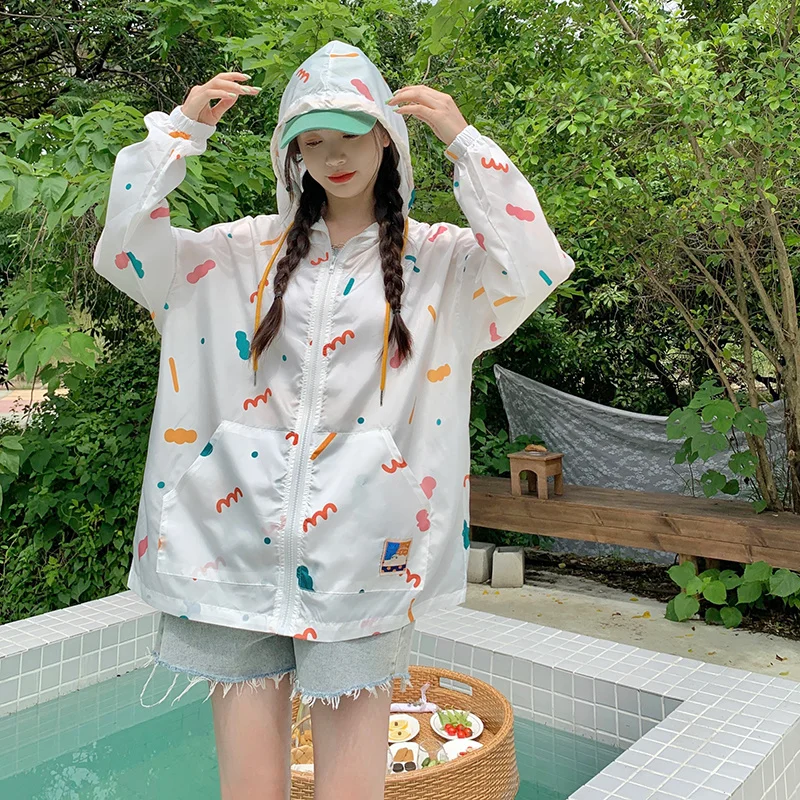 

Women's New Color Dot Print Sunscreen Clothing Cute Summer Hooded Short Jacket Casual Versatile Outdoor UV Protection Loose Top