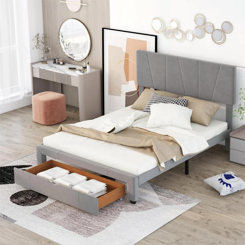 

[Flash Deal]King Size Bed with One Drawer Adjustable Headboard This Padded Bedstead Comes with Under Bed Storage Drawer Grey