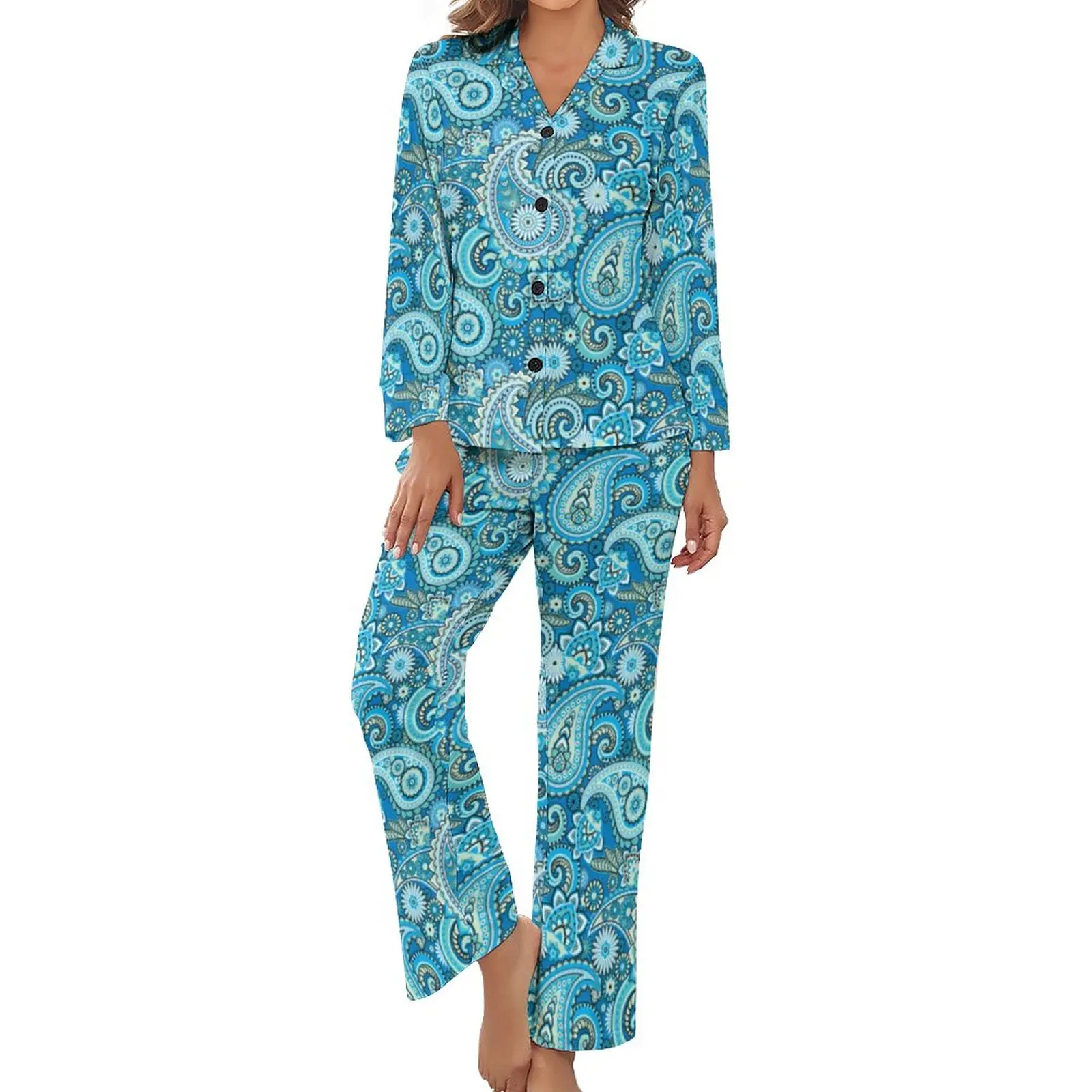 

Trippy Hippie Pajamas Female Retro Paisley Retro Nightwear Spring Long Sleeve 2 Pieces Night V Neck Custom Pajamas Set