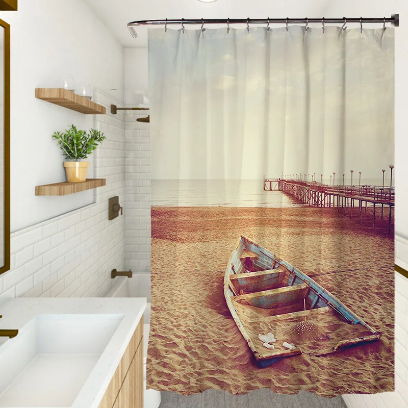 

Nordic Style Shower Curtain Beach Ocean Boat Out To Sea Bridge Seaside Scenery Retro Shower Curtains Bathroom Sets with Hooks