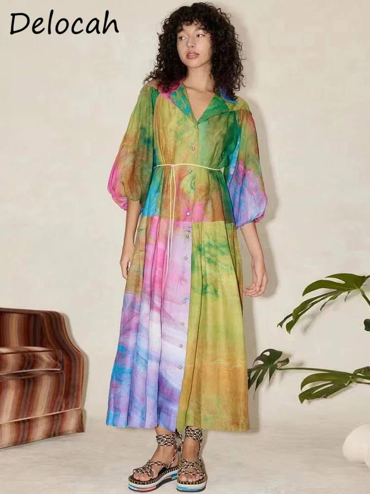 

Delocah High Quality Summer Women Fashion Runway Party Midi Dress With Belt Lantern Long Sleeve Multicolor Print Loose Dresses